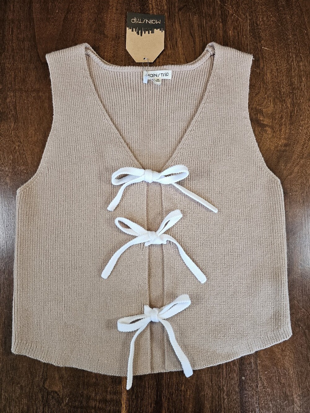 Main Strip Women's Tie Front Bow Vest In Tan Size Medium